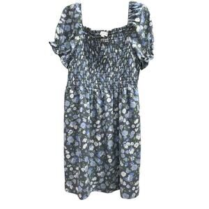 LOFT gray Blue smocked floral puff sleeve dress NWT Size L